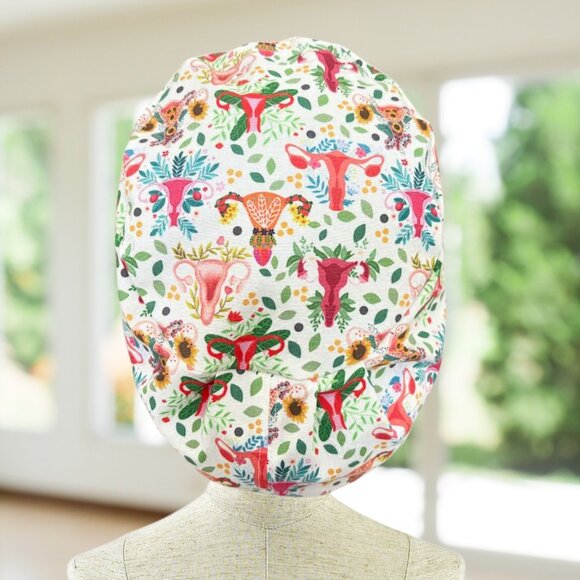 PREMIUM Fabric Wombs a Bloom Euro Scrub Cap~ L&D, RN, Obgyn, CNA, Gift. - Picture 3 of 6